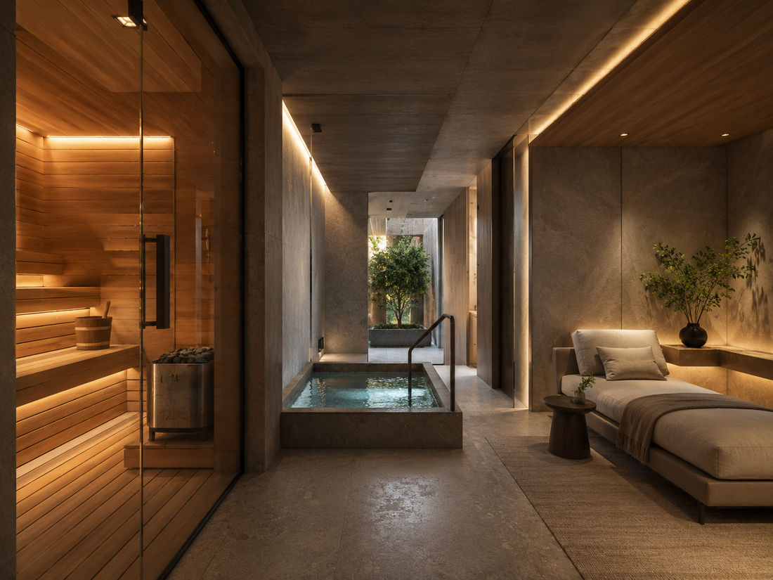 Sauna, cold plunge, and daybed set in one continuous low-lit run of the house — heat, cold, and rest read as a single sequence rather than three pieces of equipment.