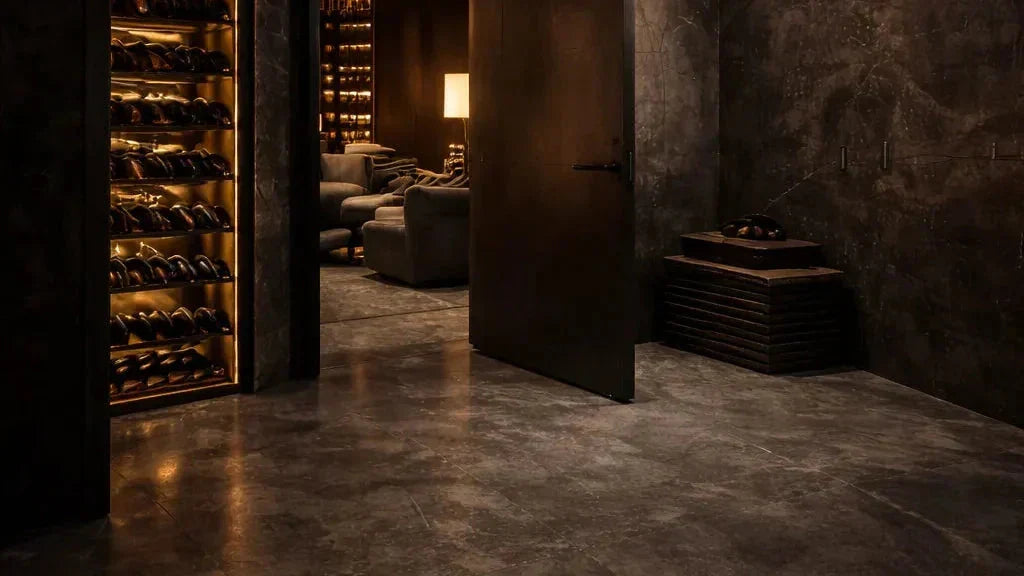 A dark stone vault room with a concealed door standing open beside a backlit wine wall, looking through to a lounge beyond.